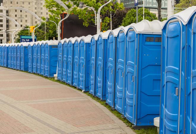 multiple portable restrooms in a neat and tidy row in Bolton